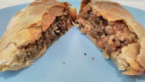 Vegan pie with lentils, groats, herbs and spices. at Starenio Bakery in Corfu