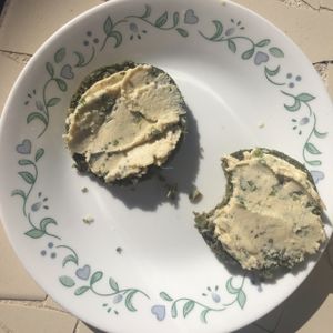 spirulina bagel with vegan cream cheese  at Dr Smood in South Miami