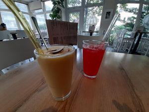 Kokos-Mango-Lassi & hausgemachte Limo(Wassermelone,sehr frisch,lecker& gar nicht so süss) at Süsse Marie Veganerie in Karlsruhe
