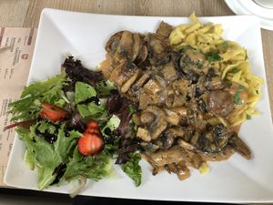 Mushroom and tempeh with homemade swabian pasta  at Süsse Marie Veganerie in Karlsruhe