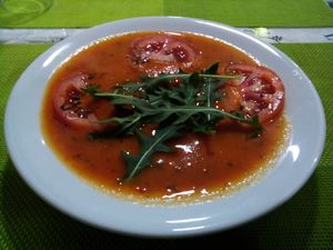 Tomato soup with arugula and herbs at Lisbon Vegan Restaurante in Lisbon