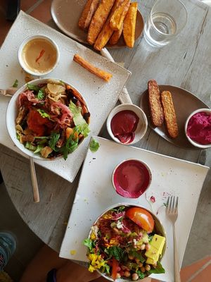 extra sweet potato fries and tempeh at Vibe Cafe in Phnom Penh