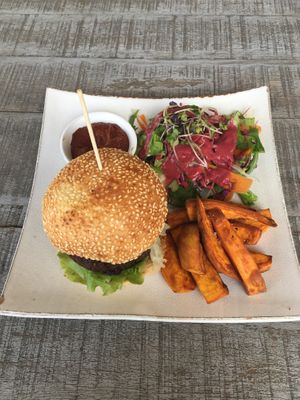 Nomad burger + fries at Vibe Cafe in Phnom Penh