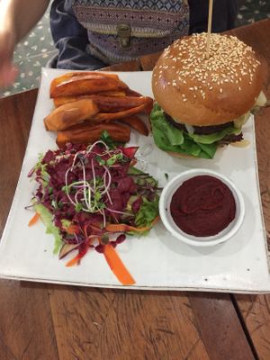 Burger with sweet potatoes fries at Vibe Cafe in Phnom Penh