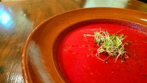 Gazpacho de remolacha y albahaca fresca 
Beetroot & basil soup  at ES VIU Vegetaria i Vins in Mallorca