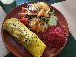 Socca crepe with garlic mushrooms and broccoli at ES VIU Vegetaria i Vins in Mallorca