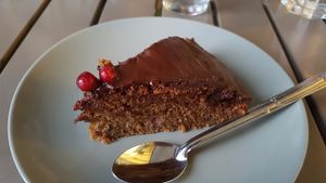 Chocolate, ginger and raspberry cake at Chez Vegetayelle and Co. in Toulouse