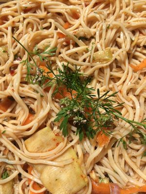 Noodles and vegetable ribbons with a Chinese marinade.  at Le Jardin de Froulay in Mayenne