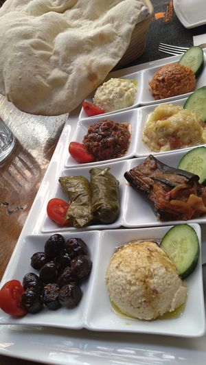 Plentiful selection of appetisers, also vegan bread by request at Constantine's Ark in Istanbul