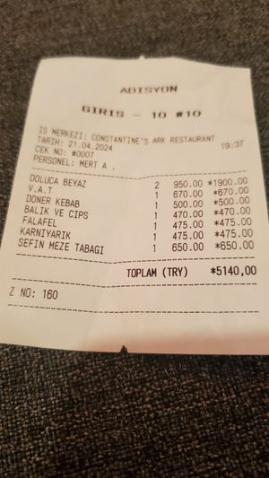 Verry expensive with V.A.T that is supposed to be a tax at Constantine's Ark in Istanbul