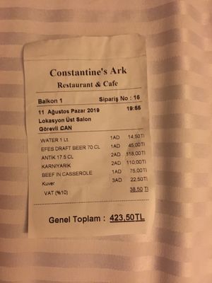 Extra charge for VAT & cover per person  at Constantine's Ark in Istanbul