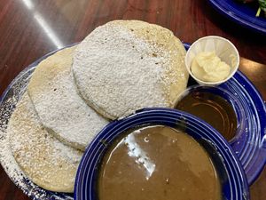 Flapjacks with vegan butter and a maple syrup peanut butter sauce  at Rosebud's Cafe in Jackson