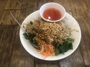 Another shot of the noodles but with dip and spring roll on top  at Pho in Birmingham