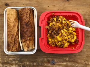 Mac no cheese and tofu tikka wrap at Hackney Downs Vegan Market in East London