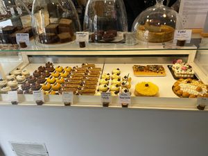 One side of the pastry display case at VG Pâtisserie in Paris