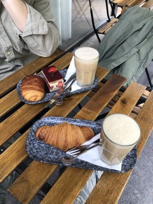 Vegan classic croissant, chocolate croissant, strawberry cake, and iced oat milk lattes   at VG Pâtisserie in Paris