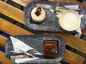 Capucchino with Sweets (Pralinee/Peanut Macaron) at VG Pâtisserie in Paris