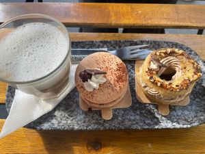 Cappuccino, chocolat macaron and Paris Brest   at VG Pâtisserie in Paris