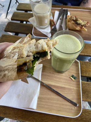 vegan chicken sandwich with eggplant and an oat milk iced matcha!  at VG Pâtisserie in Paris