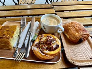 Quiche, pumpkin roll, pain au chocolat at VG Pâtisserie in Paris