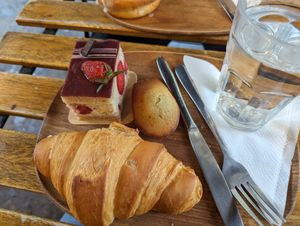 Croissant (bottom), madelaine (top right) and Fraisier (top left) at VG Pâtisserie in Paris