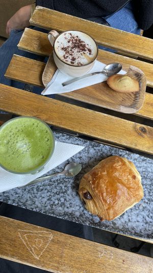Cappuccino, madeleine, matcha latte & pain au chocolat   at VG Pâtisserie in Paris