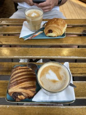 Pain au chocolat and pain au chocolat praline with two cafe au lait  at VG Pâtisserie in Paris