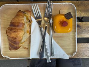 Croissant salé and “Pedro”, a mango and raspberry patisserie  at VG Pâtisserie in Paris