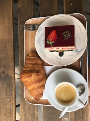 Dessert, croissant, and espresso at VG Pâtisserie in Paris