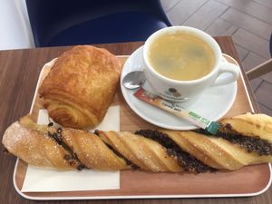 Pain au chocolat, suisse au chocolat, coffee  at VG Pâtisserie in Paris