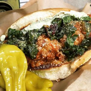 Vegan Quinoa Meatball Sub with wilted greens,  at WongWayVeg - Food Truck in Denver