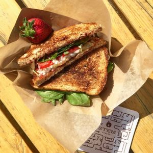 Spring Grilled Cheese with Creamy Brie, Feta, Serrano Pepper + Strawberry Jam, Arugula, Thinly Sliced Red Onions & Fresh Sliced Strawberries! at WongWayVeg - Food Truck in Denver