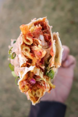 BBQ Jackfruit Burrito with Mac and Cheese, Coleslaw, and Chipotle Sour Cream. SUPER TASTY! at WongWayVeg - Food Truck in Denver