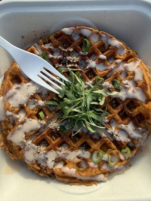 Kimchi waffle — highly recommend !  at WongWayVeg - Food Truck in Denver