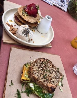 Buckwheat pancakes + vegan sandwich  at Combi in Byron Bay