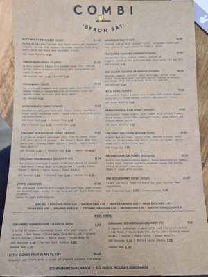 Menu as at 1 July 2024 at Combi in Byron Bay
