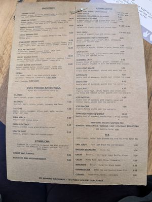 Menu as at 1 July 2024 at Combi in Byron Bay
