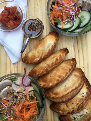 Empanada extravaganza. Six empanadas, side salad, plus sauces   at Che Boludo Empanadas in Montpellier