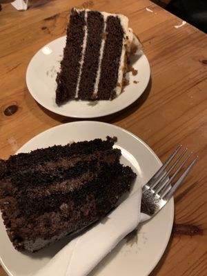 Top: vegan Biscoff / Speculoos cake, bottom: vegan Belgian chocolate 3 layers  at Chapter One in Manchester