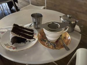 Vegan Oreo cake with English breakfast tea   at Chapter One in Manchester