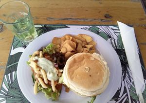 The Blues burger, made with Tempeh and served with a pasta salad and sweet potato chips! Very tasty! at Musgo in Aveiro
