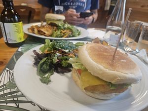 No fish burger (foreground) and Moving Mountain Burger (background) at Musgo in Aveiro