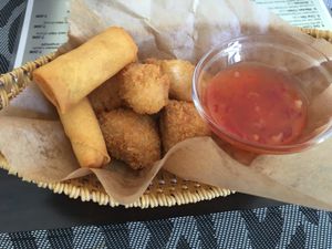 “Gemischter Box” (Mix Box) Spring Rolls, mock shrimp and mock chicken nuggets at Peace Food in Essen