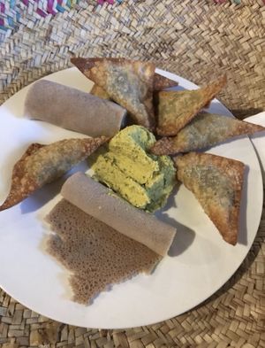 Veggie sambussa and herbed hummus   at Ras Kassa's in Lafayette