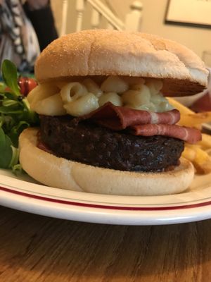 Mac n Cheese burger w/ "bacon" at The Monument in Canterbury