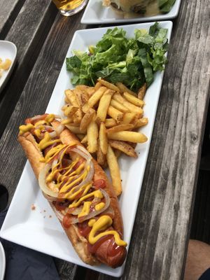 Dirty Dog - ‘Moving Mountain’ bratwurst style hotdog  at The Monument in Canterbury