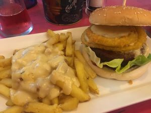 BBQ Burger with Cheesy Fries. SCRUMPTIOUS!  at The Monument in Canterbury
