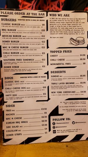 Menu as of 21/10/2019 at The Monument in Canterbury