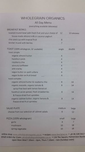 Menu ~ Front at Wholegrain Organics in Palmerston North