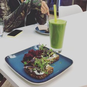 Daily special - shiitake mushrooms with vegan 'cream cheese' ? and green smoothie  at Wholegrain Organics in Palmerston North
